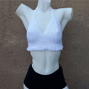 Hand Crafted White Crochet Halter Top Bralette Size L